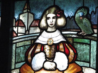 Detail from a stained-glass window inside Hvitträsk.