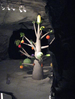 Whimsical artwork on display in the underground area of the Retretti Art Centre in Punkaharju. The brightly colored “fruit” on this tree slowly deflated and reinflated.