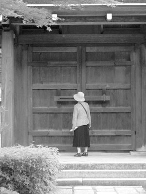 A tall wooden gate marks the entry to the garden.