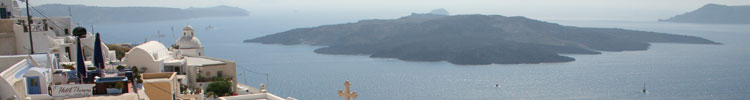 The view from our room at Villa Renos in Fira, Santorini, looking south along the caldera rim.