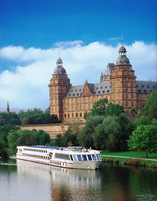 Schloss Johannisburg in Aschaffenburg on the Main River in Germany, with the &Viking Danube& in the foreground. The castle was completed in 1614. Photo courtesy of Viking River Cruises