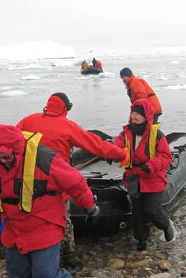 Wanda Bahde making a “wet landing” from a Zodiac.