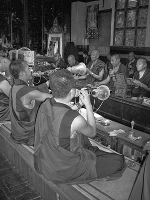 Buddhist monks in musical celebration at Bodhnath.