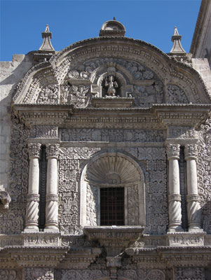 Most of the historic buildings in Arequipa are constructed of sillar, a white volcanic rock, often decoratively carved.