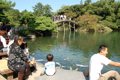 Families throw scraps to koi in the South Pond at Ritsurin Park — Takamatsu.