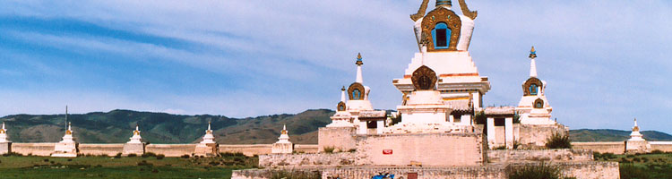 Some of the 108 stupas of the Erdene Monastery.