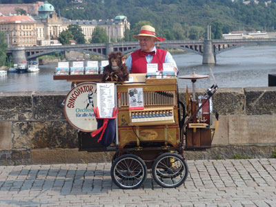 A Charles Bridge regular plays his syncopator for small change.