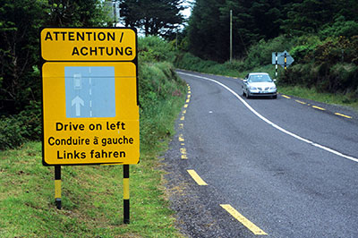 When drivers come off a ferry in Great Britain or Ireland, they usually see a sign in three languages warning them to drive on the left. Photo: Pat O’Connor