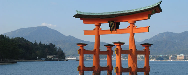 Tidewaters surround the beautiful “floating” torii of the Itsukushima Shrine on Miyajima island.