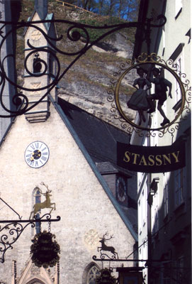 Salzburg’s Old Town, with unique decorations hanging on every store.