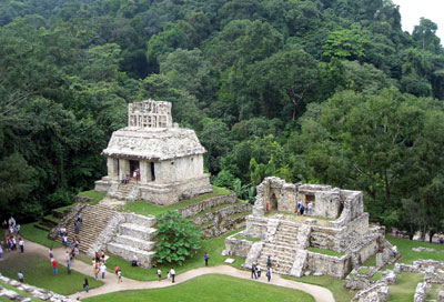 Rainforests surround the Mayan ruins at Palenque.
