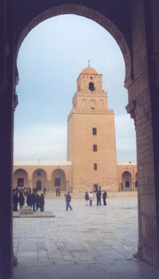 Courtyard, with minaret, of the Grand Mosque at Kairouan.