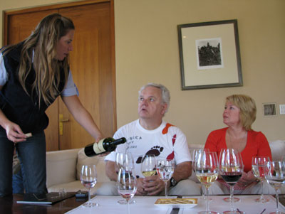 Bodega Catena Zapatas Maria Eugenia Sanchez pours wine for me and my wife, Elena.