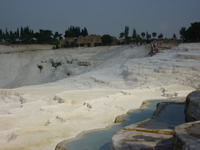 Travertines drape a hillside at Pamukkale.