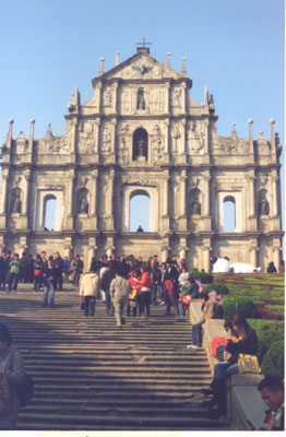 Visitors climb the grand staircase to the remaining façade of São Paulo Church — Macau. Photos: Skurdenis