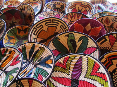 Brightly colored baskets woven by the  Emberá using materials and dyes made from forest products. 