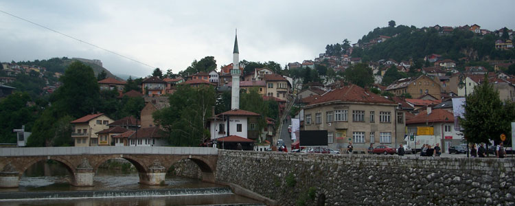 Sarajevo is a cross-cultural city. Notice the mosque in the midst of the traditional European architecture.