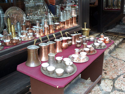 A common scene in Old Sarajevo — everything needed to produce a perfect cup of Turkish coffee.