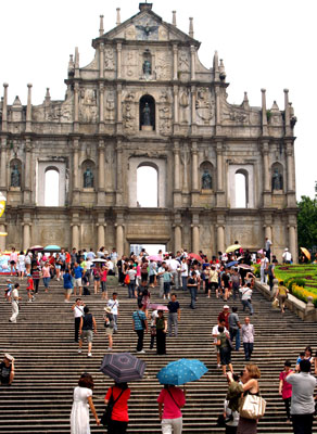 The façade of the Ruins of St. Paul's. Seventy granite steps lead visitors to the portal.