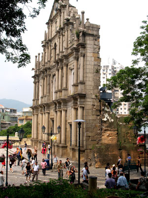 The façade of the Ruins of St. Paul's. Seventy granite steps lead visitors to the portal.