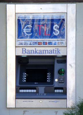 At this ATM in Cyprus, we could get euros, dollars or Turkish liras. Others offered euros and pounds. Photo: Harriet Hughes