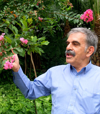 Landscape architect Antonio Saraiva admiring a shrub in bloom in Luís de Camões Garden.