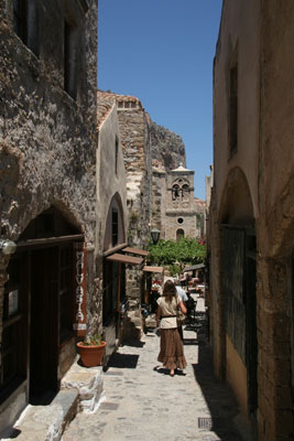 A narrow street in the town of Monemvasia.