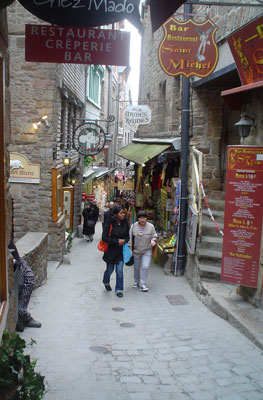 Shop-lined street in Mont-Saint-Michel.
