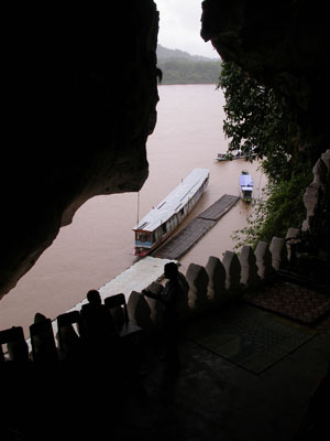 Long-tail boat on the Mekong River as seen from Pak Ou Cave.