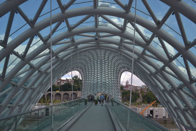 Opened in 2010, the Bridge of Peace is a pedestrian bridge that crosses the Kura River in Tbilisi, Georgia.