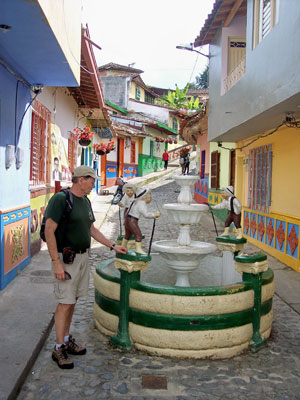 Randy paused at a fountain in Guatapé.