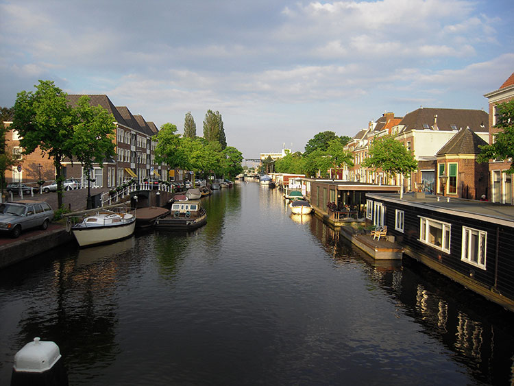 The canals of Leiden are especially beautiful at sunset.