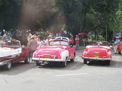 Taxis in front of Hotel Parque Central in Cuba.