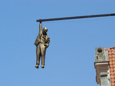 Czech artist David Cerny’s sculpture “Man Hanging Out”