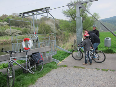 The hand-operated cable car Ann and Fred used to cross the Fulda River in Germany. 