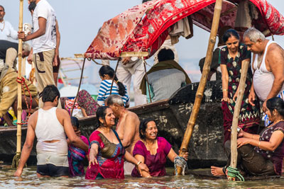 For many participants at the Kumbh Mela, plunging into the river was a time of enjoyment both on a social and spiritual level.