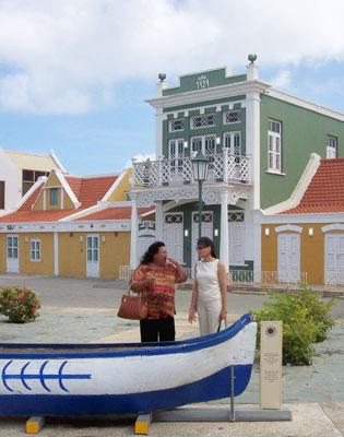 Amayra Boekhoudt, of Aruba, and Gail Keck outside the National Archaeological Museum Aruba.