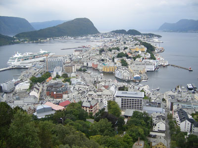 The view of Ålesund from the Mt. Aksla lookout. Our cruise ship is pictured on the left. Photo: Prindle