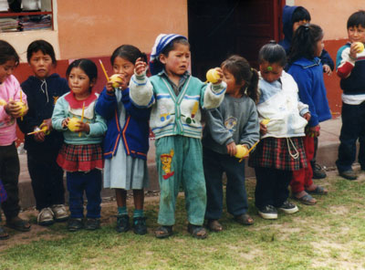 To thank us for pencils, stickers and tennis balls, students at an elementary school near Cuzco, Peru, sang us a song. Photo by Lorna Tjaden