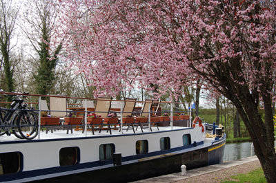 The deck of L’Impressioniste framed by blossoming trees.