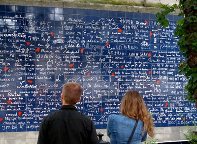 Tiles on the “Je T’Aime Wall” are inscribed with the phrase “I love you” in 250 languages — Place des Abbesses, Paris.