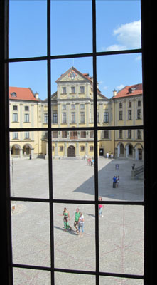 A view of the courtyard of Nesvizh Castle as seen from inside the castle.