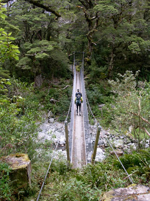 Steel-and-wood suspension bridge over a nearly dry riverbed on the Milford Track.