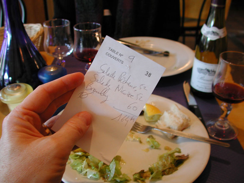 The prices on this French restaurant tab already include a service charge, so you don’t have to leave anything extra unless the service was exceptional. Photo by Rick Steves