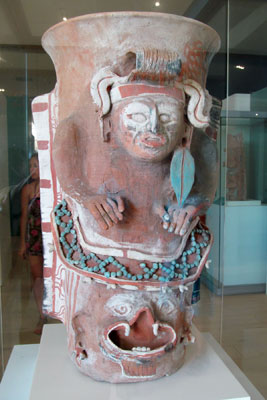 Ceramic incense burner on display in the Museo Maya de Cancún.