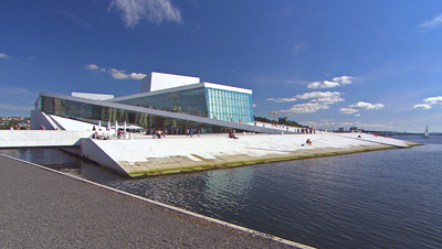 Oslo’s Opera House rises from the water on the city’s eastern harbor — the star of the city’s harborfront revitalization project.