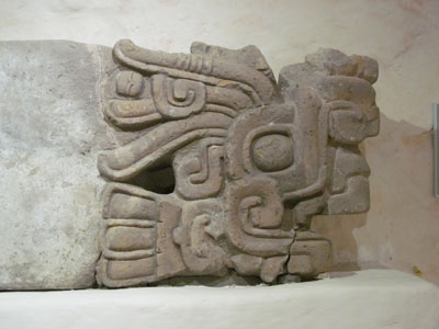 About 25 inches tall and now resting in the small museum at the Plazuelas archaeological site, this serpent sculpture came from the pyramid platform.