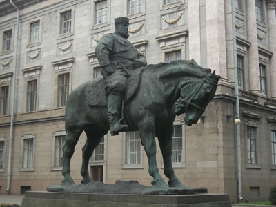 Monument to Alexander III, father of Nicholas, the last czar of Russia, which stands in front of the Marble Palace.