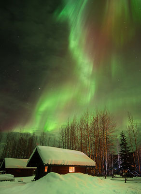 The door to this cabin at Chena Hot Springs Resort was unlocked, so I slipped in and turned on a light, making for a better photo. 