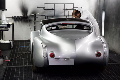 A Morgan coupe being prepared for paint.
